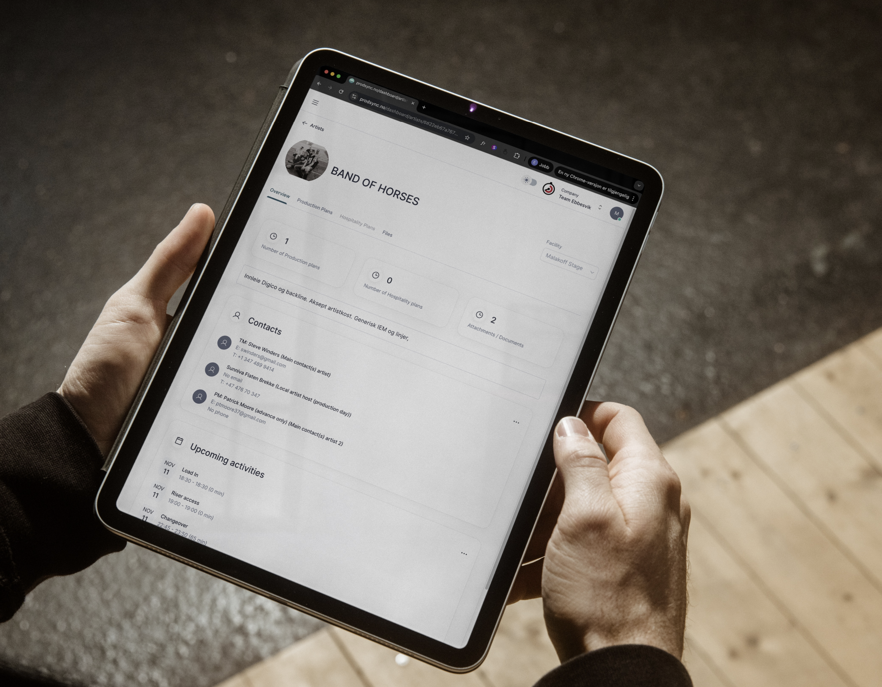 Prodsync artist overview on iPad showing Band of Horses production details