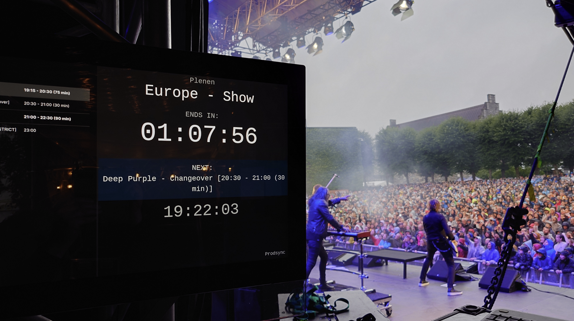 Prodsync on-stage clock showing countdown timer during Europe concert at festival