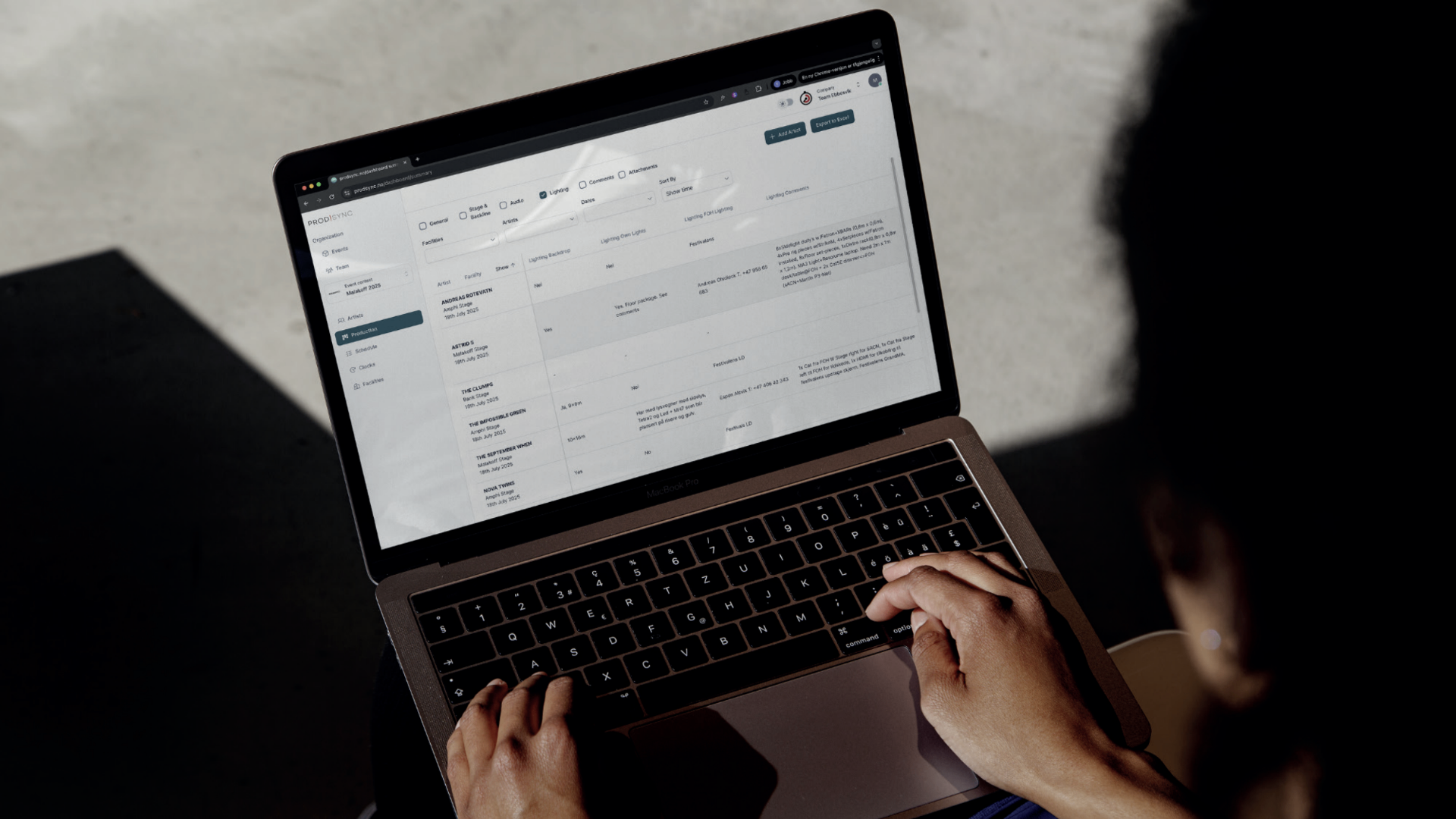 Prodsync technical production plan view on MacBook showing lighting requirements across artists